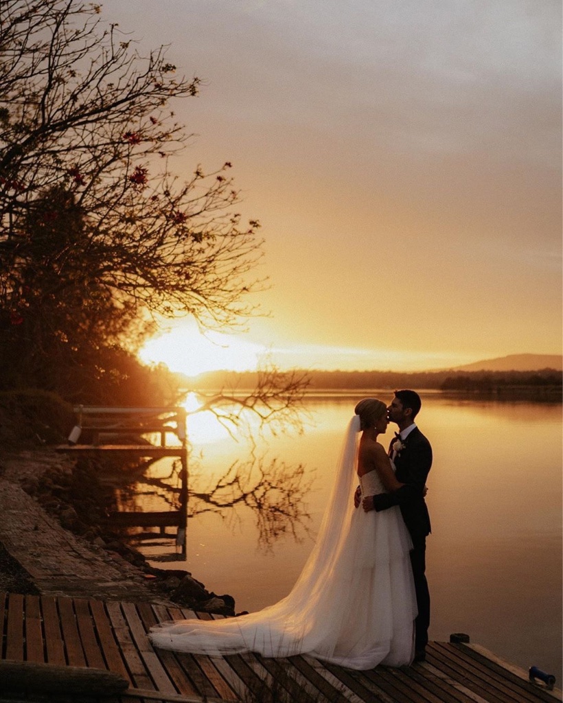 Lake wedding location with a bride and groom